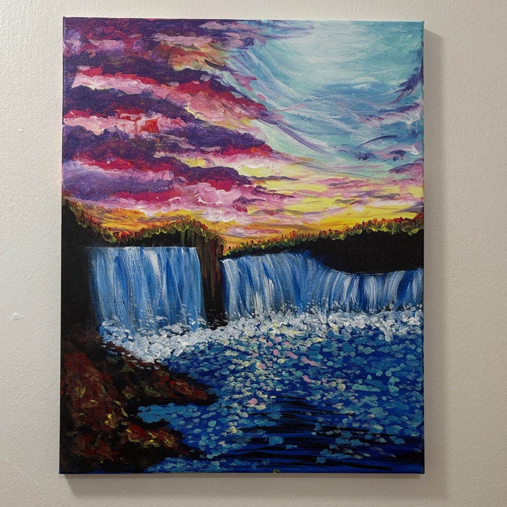 Serene Sunset Waterfall Canvas Art 20”x16”